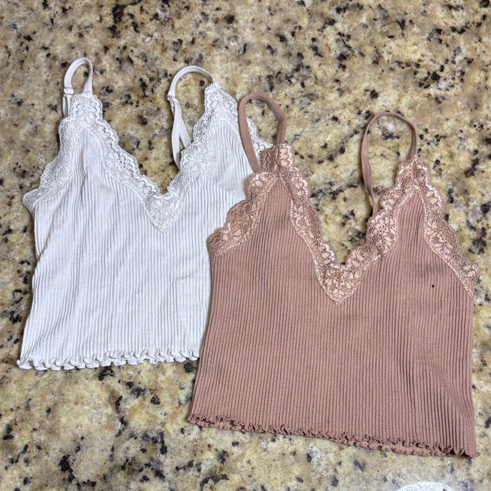 Lace Trim Cropped Ribbed Women Tops - White and Tan